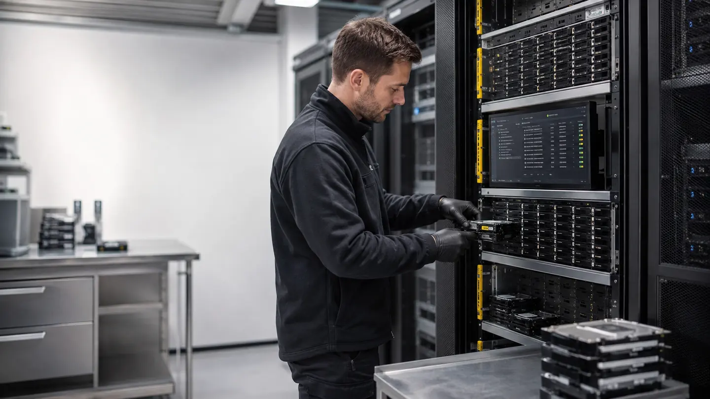 Ein Datenträger wird im laufenden Betrieb in einen Löschserver mit vielen Slots eingesetzt, der Rack-Monitor zeigt den Status je Slot