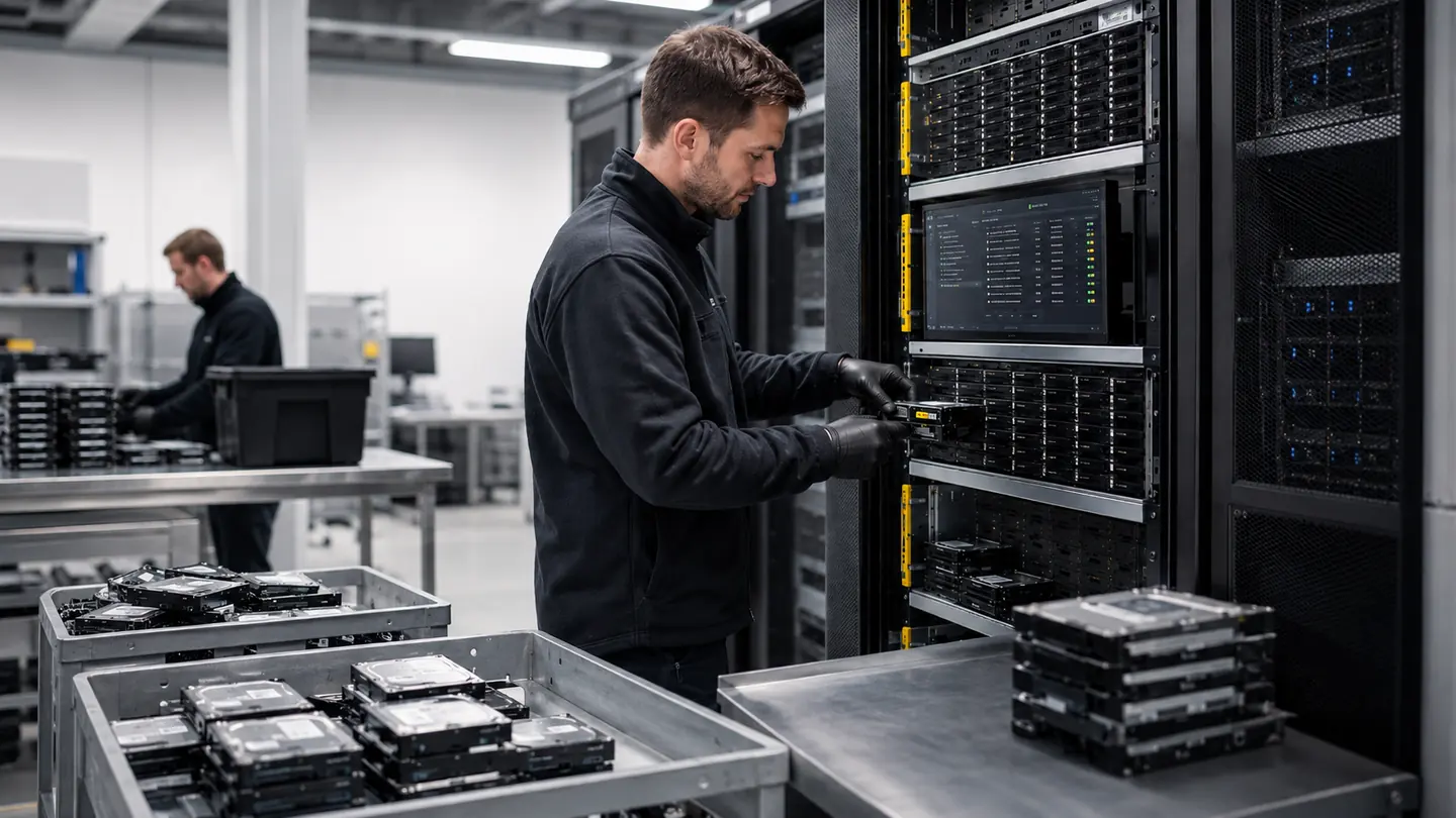 Wagen mit losen Festplatten neben einem Löschserver mit vielen Slots