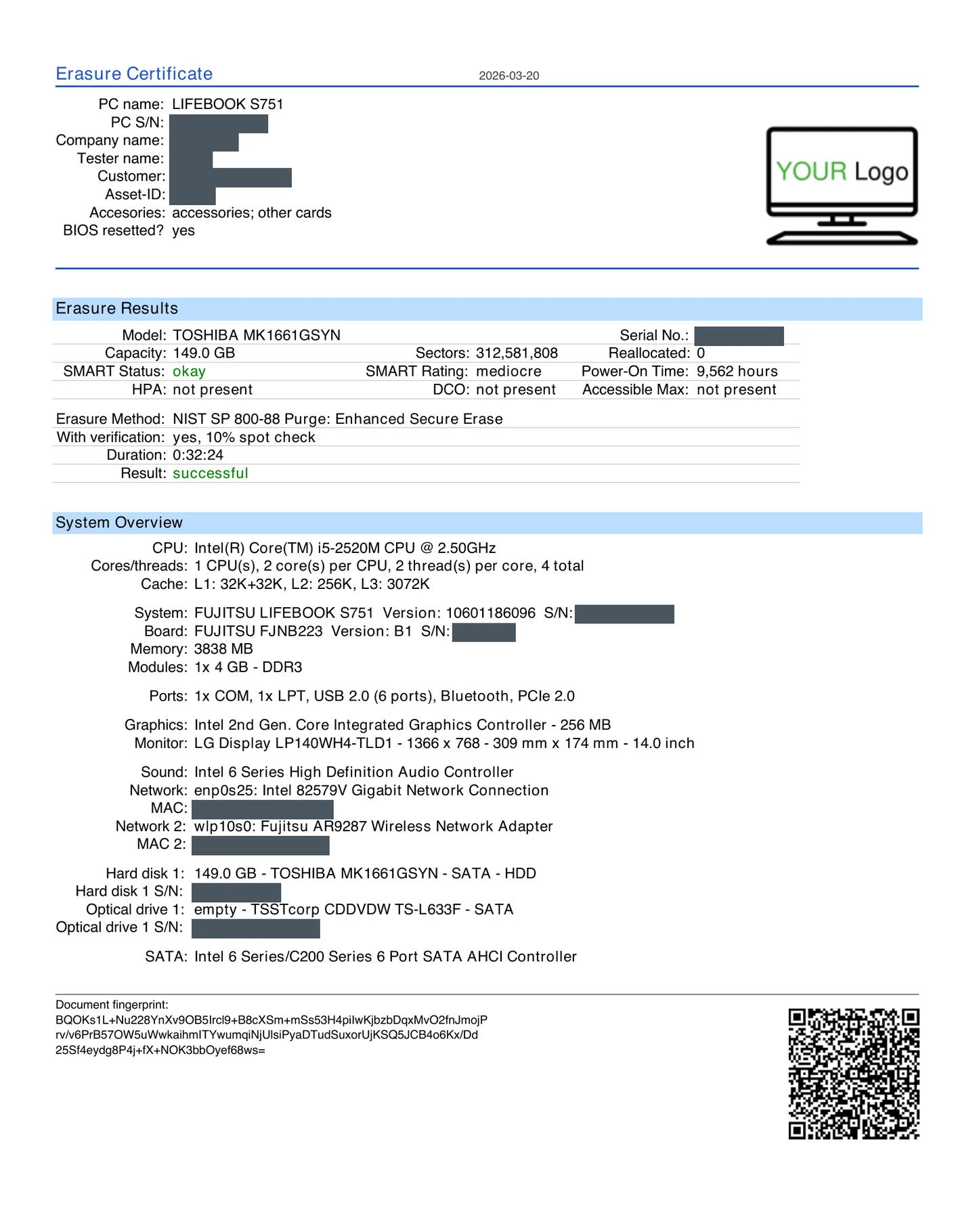 Un certificat d'effacement toolstar affichant les champs de l'appareil, le modèle de disque, la méthode NIST SP 800-88 Purge, la vérification et un résultat réussi