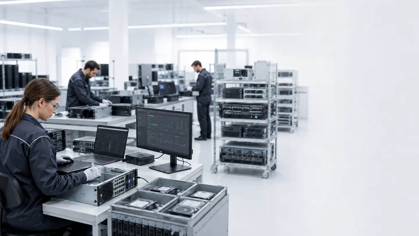 A processing floor with trolleys of hardware staged for intake
